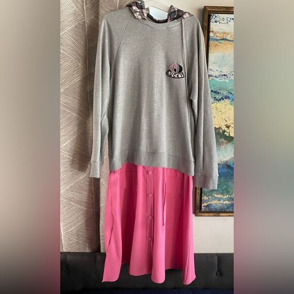 Lucky Chouette Logo Gray Pink Pullover Casual Sweatshirt Midi Dress Sz 36 S Cap - Picture 1 of 15